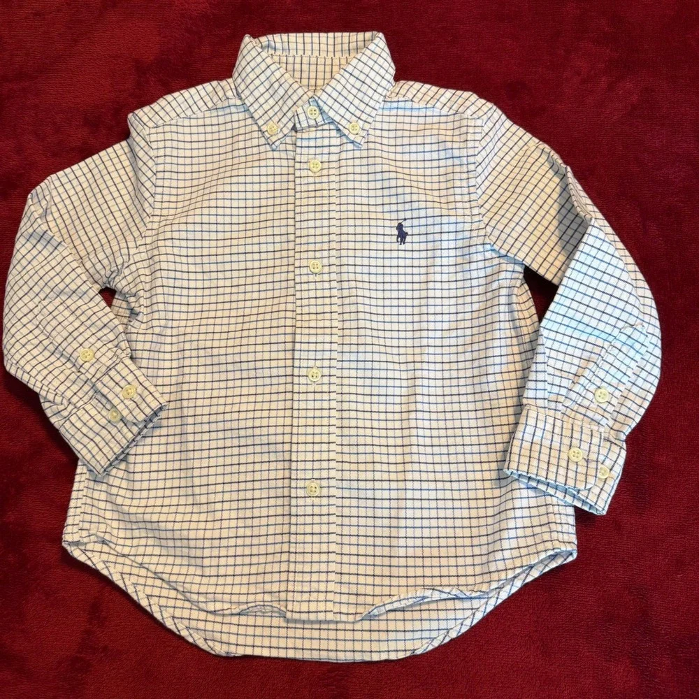 Ralph Lauren Boys 3T Blue‎ White Grid Check Long Sleeve Button Down Shirt Cotton
